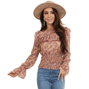 Vintage Rose Floral Print Top with Ruffles & Smocked Hem